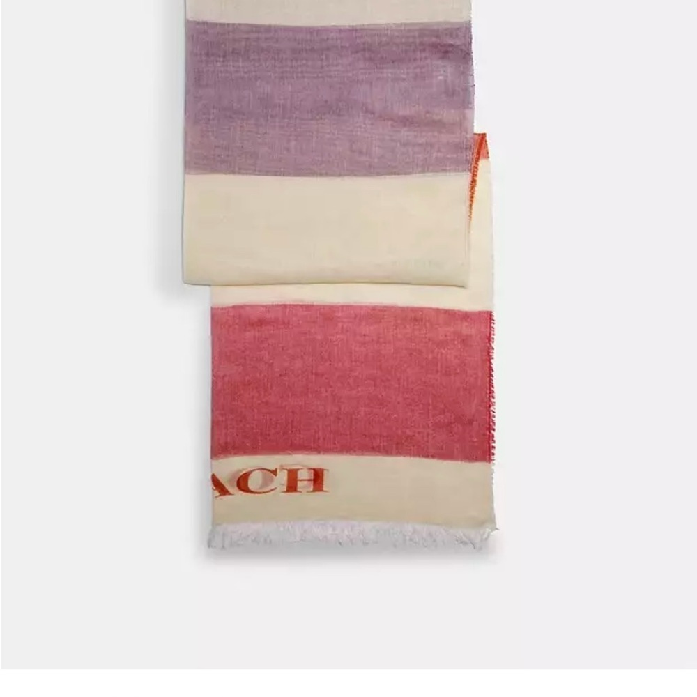 Coach Striped Scarf in Purple, Cream, green, and Red